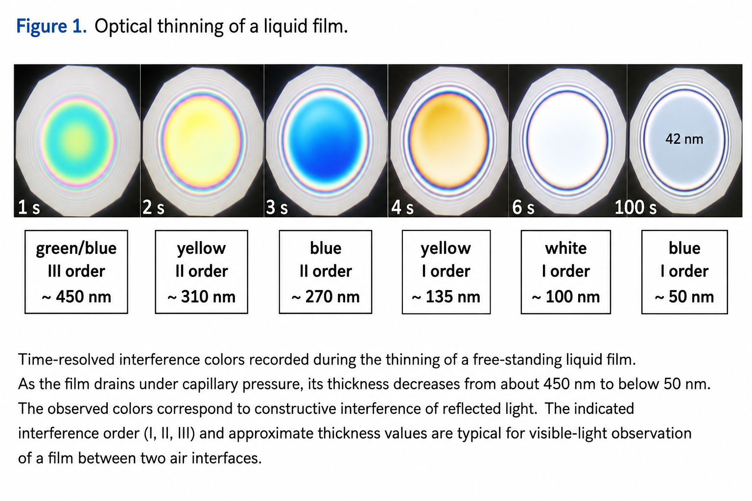 Optical interference colors during thinning of a liquid film